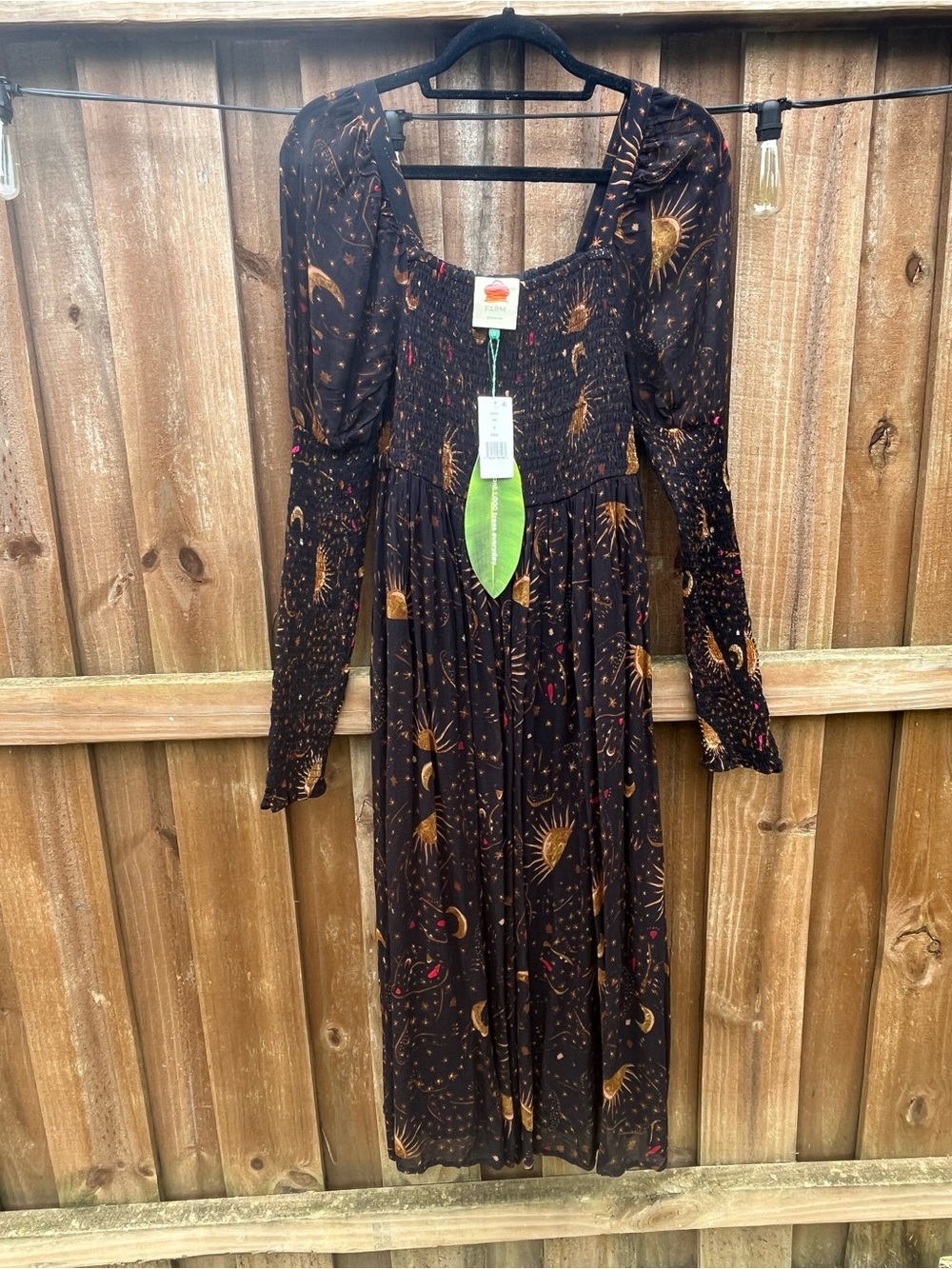 FARM RIO Black Cat Celestial Print Long Sleeve Smocked Midi Dress